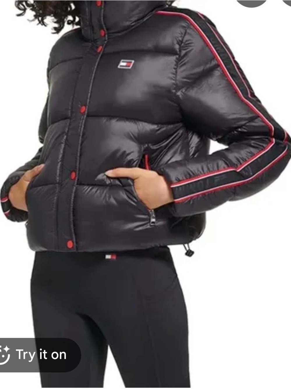 Tommy Hilfiger Black Puffer Jacket with Red Stripe Accents